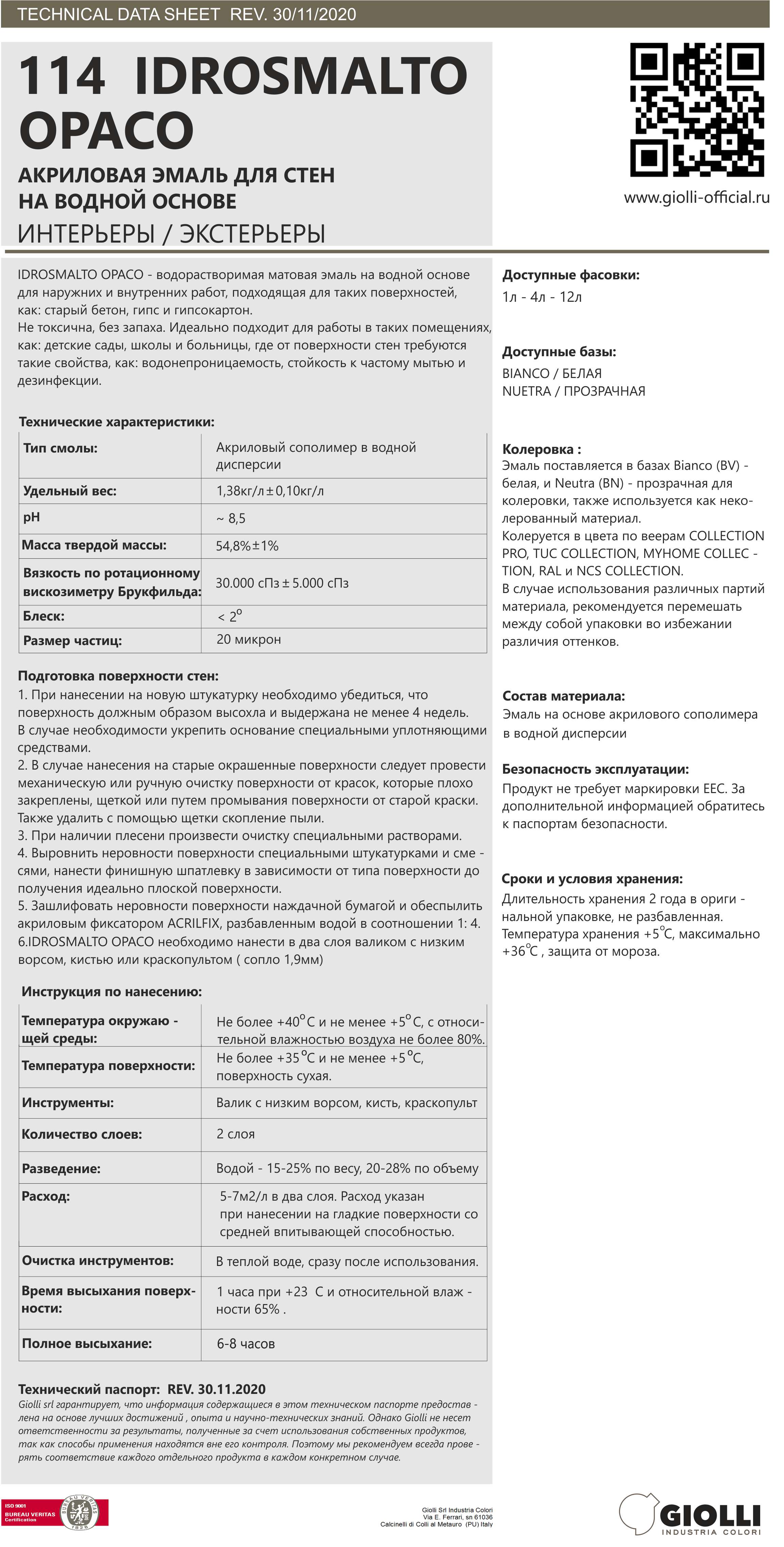 Технические характеристики матовой акриловой краски Idrosmalto Opaco Giolli