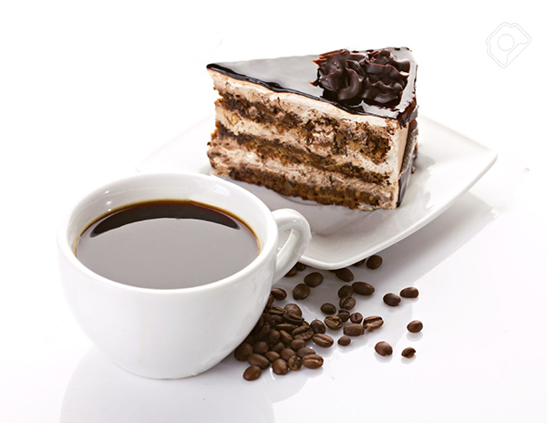 14842666 cup of coffee and delicious cake on white background Stock Photo