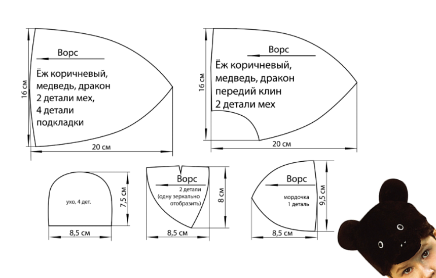 Выкройка шапки медведя. Выкройка шапочки с ушками. Выкройка шапки мишки. Шапочка медведя выкройка.