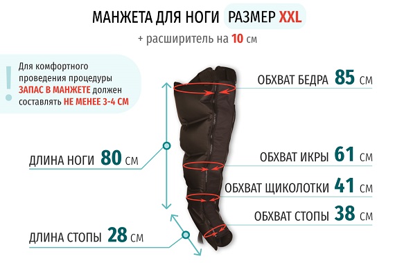 Размеры манжеты ноги XXL с расширителем 10 см