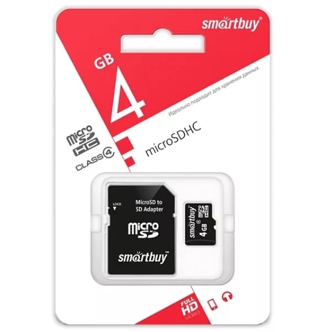 Карта памяти micro SDHC 4GB SmartBuy (Class 4, с адаптером) (SB4GBSDCL4-01)