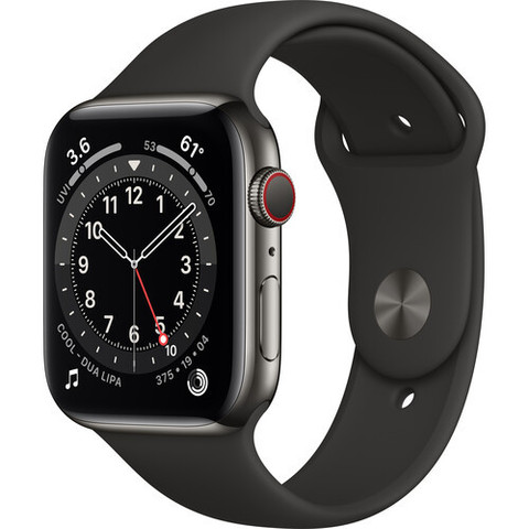 Часы Apple Watch Series 6 GPS + Cellular 44mm Stainless Steel Case with Sport Band (Graphite, Black) (M07Q3, M09H3)